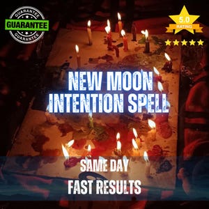 May include: A collection of lit candles in various colours placed on a flat surface, with melted wax drippings scattered across the area. The text NEW MOON INTENTION SPELL, SAME DAY, and FAST RESULTS is overlaid on the image, along with a 5.0 rating graphic.