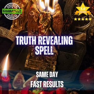 Könnte beinhalten: Eine goldfarbene Kerze in Form einer geflügelten Figur mit einer brennenden Flamme an der Spitze. Der Text TRUTH REVEALING SPELL ist weiß zentriert, darunter steht SAME DAY FAST RESULTS. Eine rote Kerzenflamme ist im Vordergrund mit Früchten.