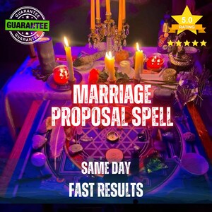 May include: A ritual setup featuring a circular mat with a geometric star design, surrounded by lit candles, crystals, a feather, and small containers. The text reads MARRIAGE PROPOSAL SPELL, SAME DAY, FAST RESULTS, with a 5.0 rating star graphic.