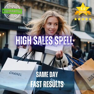 Puede incluir: Una persona sostiene varias bolsas de compras de lujo de marcas como Chanel, Dior y Louis Vuitton. La imagen incluye superposiciones de texto que dicen HIGH SALES SPELL y SAME DAY FAST RESULTS, junto con un gráfico de estrella de calificación 5.0.