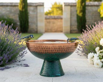 Hammered Copper Pedestal Bird Bath Bowl • Verdigris Base Moroccan Handmade • Garden Water Feature • Sculptural Wildlife Statement Piece