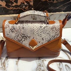 Borsa a mano in vera pelle con stampa serpente, borsa a tracolla marrone, borsa con manico superiore