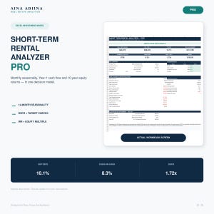 Puede incluir: Una interfaz de hoja de cálculo digital titulada Short-Term Rental Analyzer Pro de Aina Abiina Real Estate Analytics. Muestra métricas financieras que incluyen una tasa de capitalización del 10,1%, cash-on-cash del 8,3% y DSCR de 1,72x, junto a una tabla.