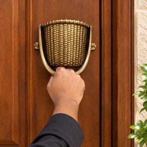 May include: A brass door knocker featuring a textured, woven basket design. The knocker is mounted on a dark brown wooden door and consists of a semi-circular handle attached to a basket-shaped strike plate with a detailed, cross-hatched pattern.