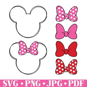 Puede incluir: Un conjunto gráfico digital con dos siluetas de cabeza de ratón con contorno negro, una simple y otra con un lazo rosa de lunares. Se incluyen cuatro lazos separados: rosa con puntos blancos, rosa sólido, rojo sólido y rojo con puntos blancos. Texto: SVG PNG JPG PDF.