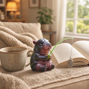 May include: A small, dark-colored hippo figurine holding a bright green fishing rod with a silver-toned metal fish charm dangling from the line. The hippo is positioned next to a speckled beige ceramic mug and an open book with visible text.