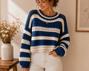 Crochet Sweater Pattern PDF | Striped Raglan Pullover Seamless Top-Down XS-3XL