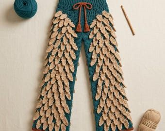 Crochet Feather Palazzo Pants Pattern, High-Waist Wide Leg Trousers (PDF)
