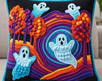 Halloween Crochet Pillow Pattern | 18 Inch Textured Ghost Cushion Cover PDF