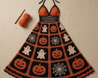 Halloween Crochet Maxi Dress Pattern | Pumpkin Ghost Spiderweb Halter (PDF)