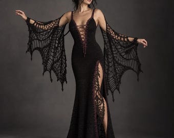 Gothic Crochet Dress Pattern PDF – Nocturne Batwing Lace Gown, XS–3XL