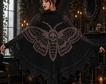 Gothic Batwing Poncho Crochet Pattern PDF | Oversized Moth Mesh Turtleneck