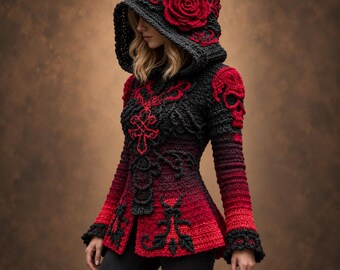 Gothic Hooded Crochet Jacket Pattern PDF | Rose Appliqué Coat Women's XS–3XL