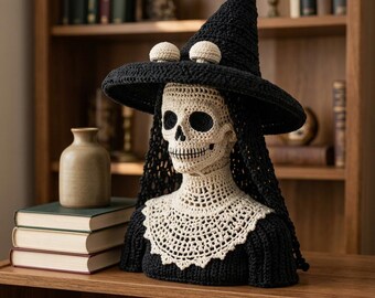 Skull Witch Crochet Pattern PDF | Gothic Halloween Bust Decor with Wide Brim Hat