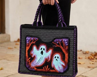 Ghost Crochet Tote Bag Pattern Structured Halloween Appliqué PDF