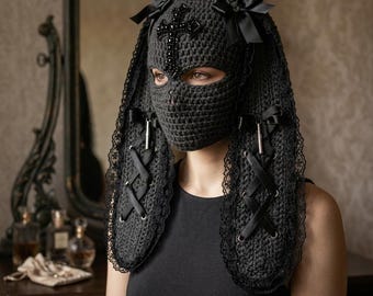 Gothic Bunny Balaclava Crochet Pattern | Long Ears, Lace, Ribbon (PDF)