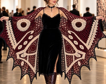Gothic Moth Wing Crochet Shawl Pattern | Burgundy Lace Wrap (Digital Download)