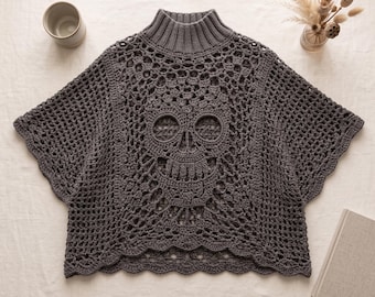 Crochet Skull Poncho Pattern PDF | Lace Batwing Poncho | XS-3XL | Digital Download