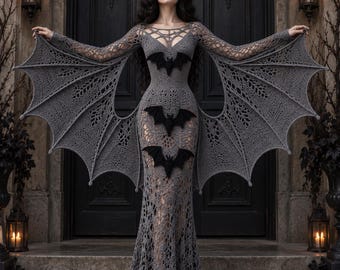 Gothic Batwing Crochet Gown Pattern | Lace Openwork, Bat Appliqués (PDF)