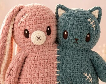 Joined Bunny Cat Amigurumi Plush Duo Pattern, Chenille Crochet Toy (PDF)