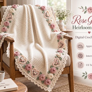 May include: A cream-colored crochet throw blanket featuring a decorative border of three-dimensional pink and white roses and heart-shaped motifs. The text reads Rose Garden Heirloom Throw, Digital Crochet Pattern, Approx. 43 x 53 in, Intermediate, US Terms.