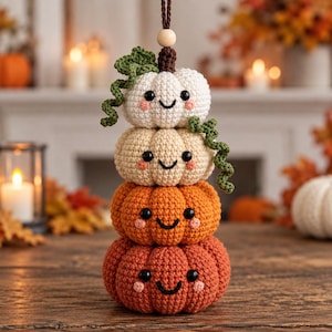 May include: A vertical stack of four crocheted pumpkins in shades of white, cream, orange, and dark orange. Each pumpkin features a smiling face with black bead eyes, a stitched mouth, and pink cheeks. Green crocheted vines accent the top.