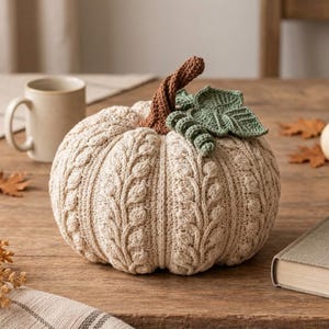 Puede incluir: Una calabaza de ganchillo color crema con un patrón de punto trenzado texturizado, un tallo de ganchillo marrón y dos hojas de ganchillo verdes unidas en la parte superior. La calabaza tiene una forma redondeada y segmentada con puntadas visibles.