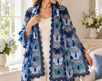 Butterfly Shawl Crochet Pattern PDF | Fingering Weight Lace Wrap with 35 Butterfly Appliqués