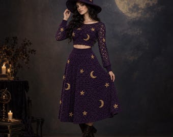 Witch Crochet Pattern PDF Celestial Crop Top | Midi Skirt & Pointed Hat Set, XS–3XL