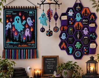 Halloween Ghost Crochet Pattern Bundle Tapestry | Hex Wall Organizer & Hanging Mobile PDF