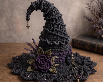 Gothic Crochet Witch Hat Pattern | Tall Crown, Lace Brim, Embellished (PDF)