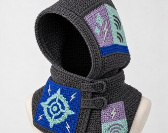 Crochet Hooded Cowl Pattern | Adult Graphic Colorwork Neck Warmer PDF with Button Closure