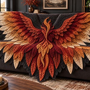 Könnte beinhalten: Eine große, strukturierte Häkeldecke mit einem zentralen Phönix-Motiv und weit ausgebreiteten, geschichteten Flügeln. Das Design verwendet einen Verlauf aus warmen Farben, der von Dunkelrot und Orange zu hellem Creme übergeht, auf dunkelgrauem Grund.