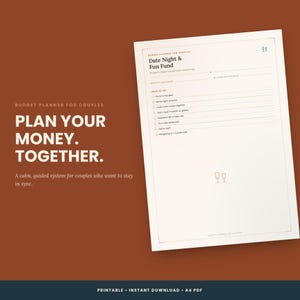 Pode incluir: Uma página de planejador de orçamento imprimível em A4 para casais intitulada Date Night & Fun Fund. O documento apresenta seções para o orçamento mensal de lazer, o valor por contracheque e uma lista de ideias de encontros como piquenique.
