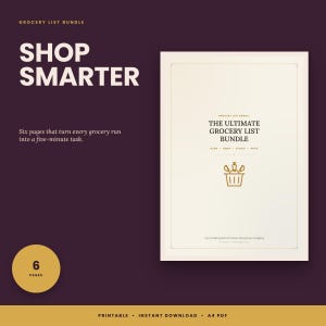 Pode incluir: Um pacote digital de listas de compras num fundo roxo escuro. O texto diz: SHOP SMARTER, Six pages that turn every grocery run into a five-minute task, THE ULTIMATE GROCERY LIST BUNDLE, PLAN SHOP STOCK SAVE e 6 PAGES. Inclui um ícone de cesto.
