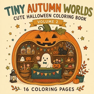 May include: A coloring book titled TINY AUTUMN WORLDS CUTE HALLOWEEN COLORING BOOK VOLUME 2 with 16 COLORING PAGES. The cover features a large orange jack-o'-lantern housing a shop scene with a ghost, a black cat, candy, and pumpkins.
