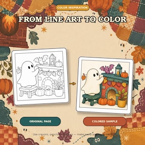 May include: A coloring page set featuring a black and white line art illustration and a full-color version of a ghost decorating a fireplace with pumpkins and a bat. The text reads FROM LINE ART TO COLOR, ORIGINAL PAGE, and COLORED SAMPLE.