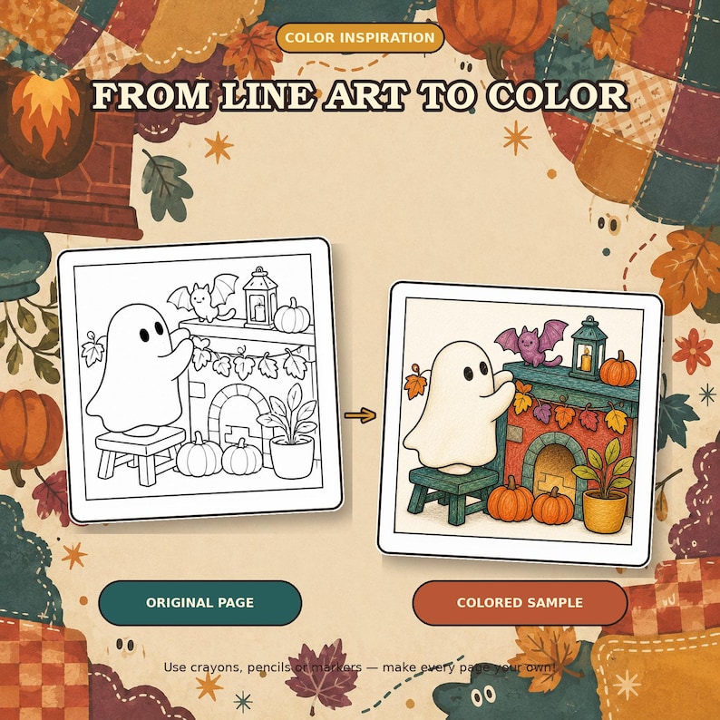 May include: A coloring page set featuring a black and white line art illustration and a full-color version of a ghost decorating a fireplace with pumpkins and a bat. The text reads FROM LINE ART TO COLOR, ORIGINAL PAGE, and COLORED SAMPLE.