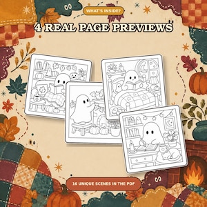 May include: A digital coloring book preview featuring four square pages with black and white line art of ghosts in cozy autumn settings. The background is a warm beige with illustrations of pumpkins, fall leaves, and a fireplace. Text reads: WHAT'S INSIDE? 4 REAL PAGE PREVIEWS and 16 UNIQUE SCENES IN THE PDF.