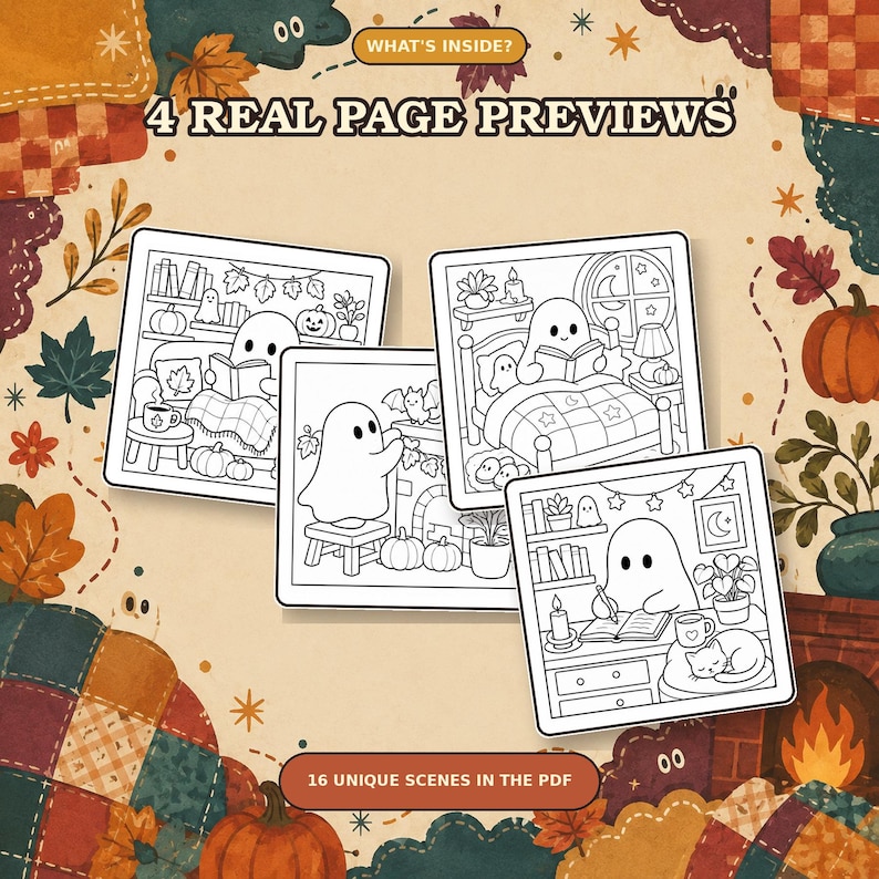 May include: A digital coloring book preview featuring four square pages with black and white line art of ghosts in cozy autumn settings. The background is a warm beige with illustrations of pumpkins, fall leaves, and a fireplace. Text reads: WHAT'S INSIDE? 4 REAL PAGE PREVIEWS and 16 UNIQUE SCENES IN THE PDF.