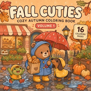 以下が含まれることがあります： FALL CUTIES COZY AUTUMN COLORING BOOK VOLUME 1と書かれた16 COLORING PAGESの塗り絵の表紙。青いレインコートを着て赤い傘とパンの袋を持ったクマ、黄色いレインコートを着たカエル、ダックスフントが描かれています。