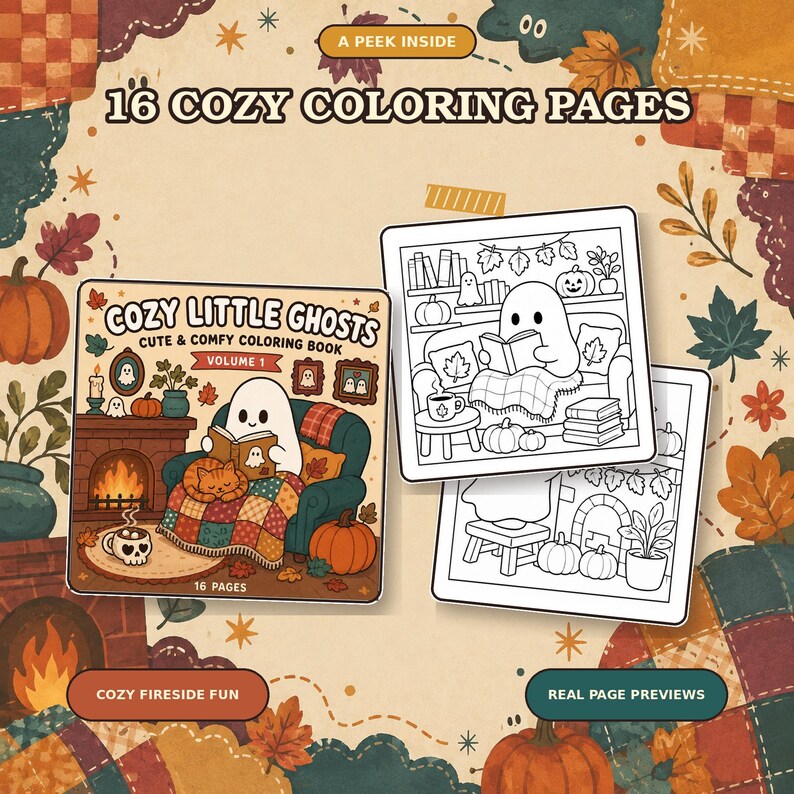 May include: A coloring book titled Cozy Little Ghosts Volume 1 featuring 16 pages with illustrations of ghosts in cozy settings. The cover shows a ghost reading on a couch with a cat, and two interior pages show line art of similar scenes.