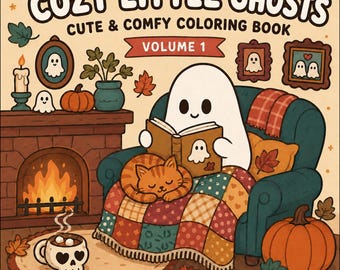 May include: A coloring book titled COZY LITTLE GHOSTS CUTE & COMFY COLORING BOOK VOLUME 1 with 16 pages. The cover features a white ghost reading a book in a teal armchair with an orange cat, a fireplace, pumpkins, and a skull-shaped mug.