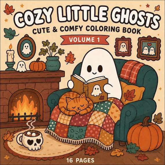 Cozy Little Ghosts Coloring Book, 16 Halloween Pages (Digital Download)