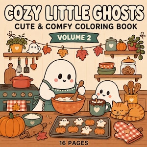 May include: A coloring book titled Cozy Little Ghosts Cute & Comfy Coloring Book Volume 2 with 16 pages. The cover features two white ghosts baking in a kitchen with pumpkins, a cat, kitchen utensils, and a tray of ghost and pumpkin cookies.