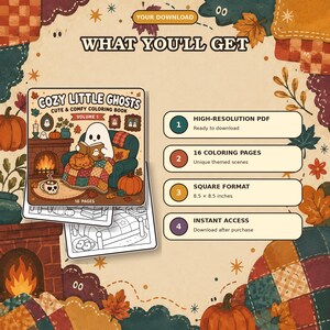May include: A digital coloring book titled Cozy Little Ghosts Volume 1 featuring a ghost reading by a fireplace. The image includes text detailing a high-resolution PDF, 16 coloring pages, an 8.5 x 8.5 inch square format, and instant access.