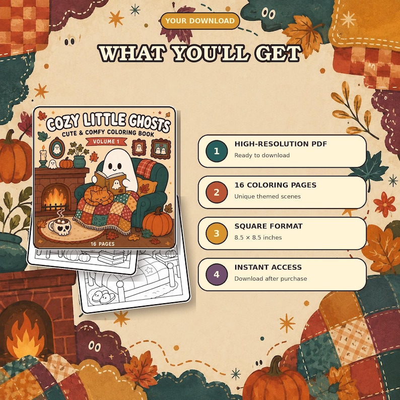 May include: A digital coloring book titled Cozy Little Ghosts Volume 1 featuring a ghost reading by a fireplace. The image includes text detailing a high-resolution PDF, 16 coloring pages, an 8.5 x 8.5 inch square format, and instant access.