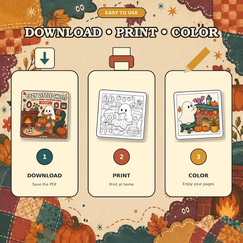 May include: A digital coloring book guide titled Cozy Little Ghosts featuring three steps: download, print, and color. The graphic shows a ghost reading on a couch, a line-art version of the same scene, and a colored version of a ghost by a fireplace.