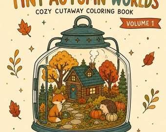 May include: A coloring book titled Tiny Autumn Worlds Cozy Cutaway Coloring Book Volume 1 with 16 coloring pages. The cover features a glass jar illustration containing a log cabin, a fox, a hedgehog, pumpkins, and trees, surrounded by autumn leaves.