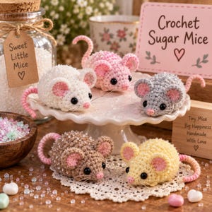 Può includere: Cinque piccoli topi all'uncinetto in bianco, rosa, grigio, marrone e giallo, ognuno con orecchie rosa, coda rosa e occhi a perla neri. Sono esposti su un'alzatina per dolci bianca smerlata, circondati da perline trasparenti e un cartello scritto.
